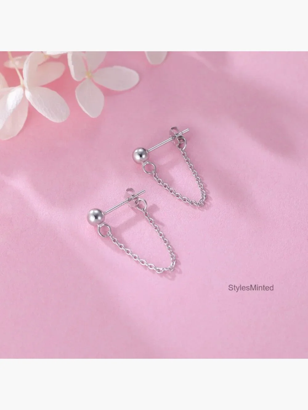 Minimalist Ball Earrings with Chain Dangle Sterling Silver Studs